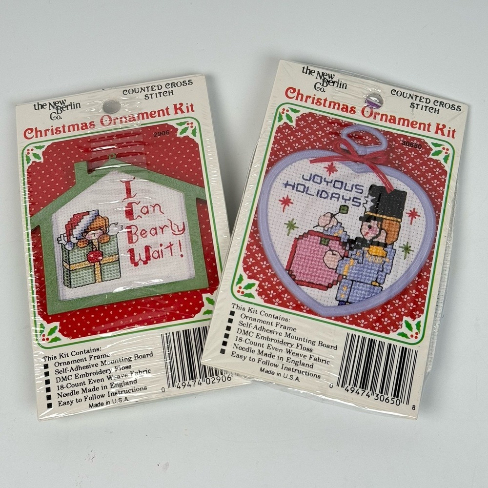 Lot of 2 New Berlin Co. Cross Stitch I Can Bearly Wait Joyous Holidays Ornament